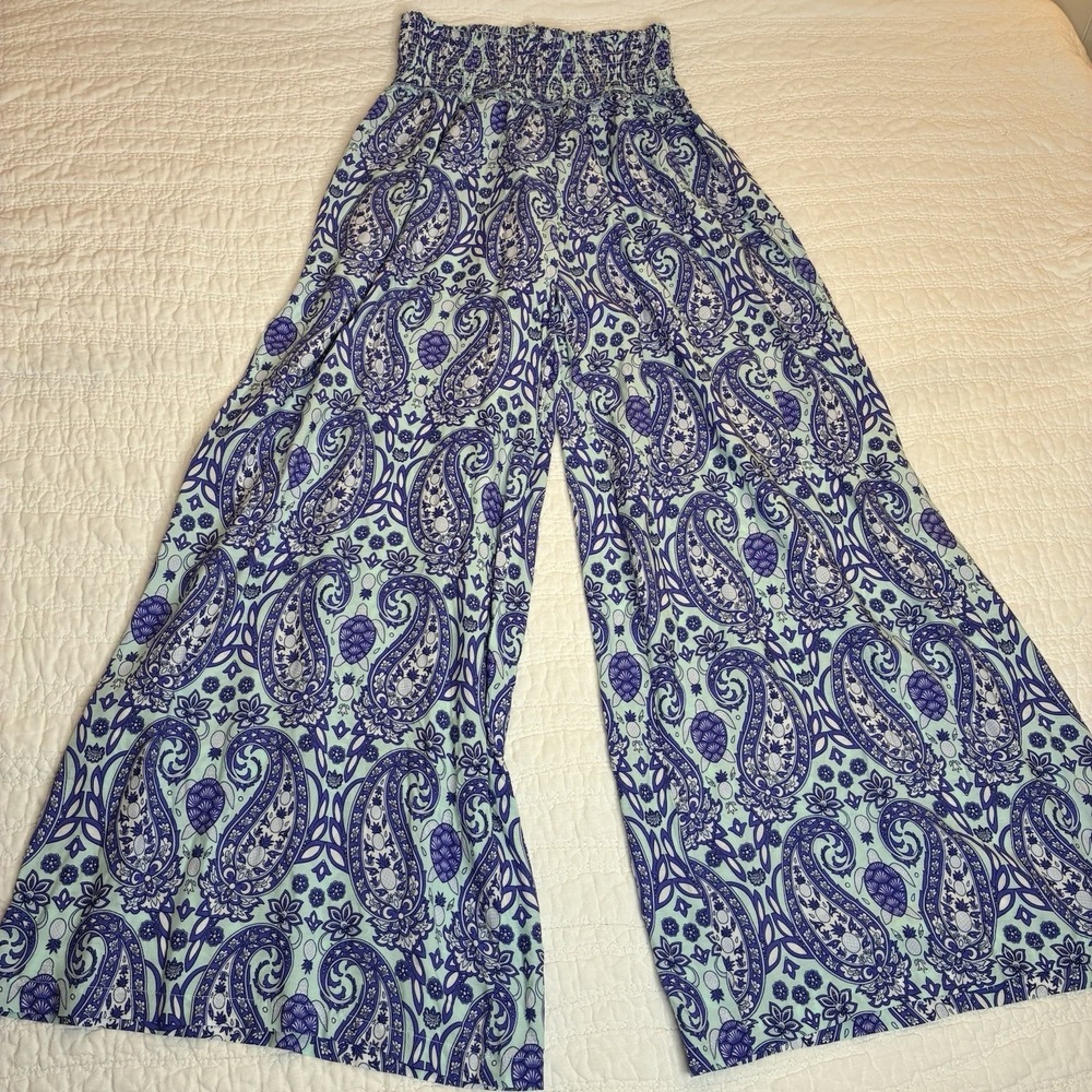 Simply Southern Palazzo Pants Women OS Blue Paisley Smocked Waist Wide Leg Boho